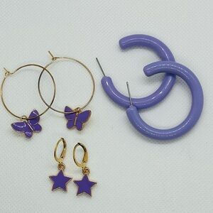 Lavender Fashion Earrings 3-Pair, Hoops, Butterfly, Stars